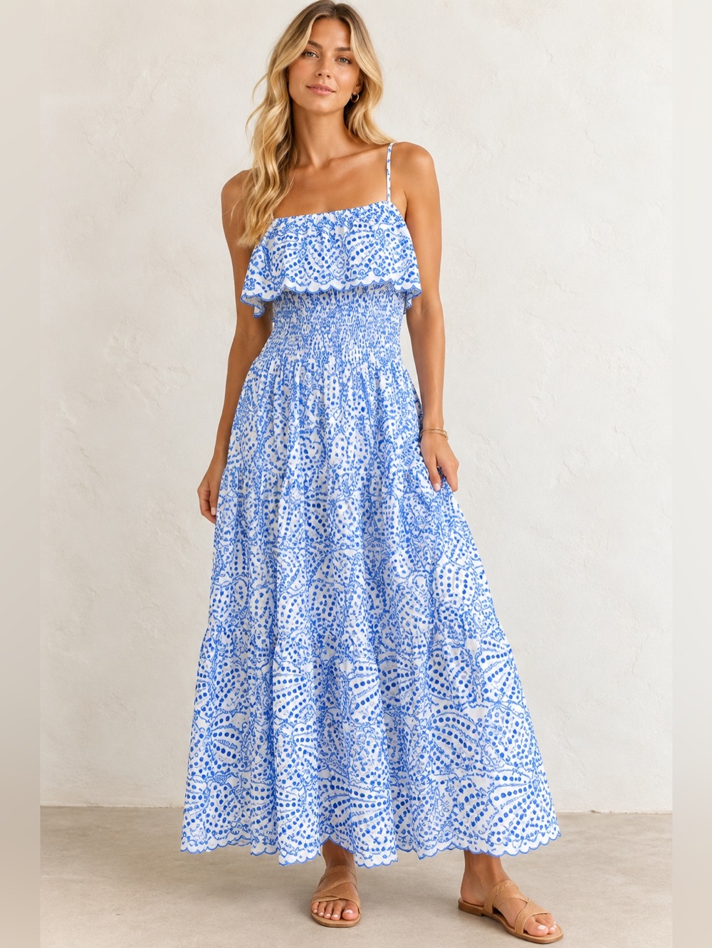 Elan Blue and White Floral Ruffle Maxi Dress